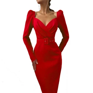 2026 Autumn Full Sleeve V-neck Shirred Waist Band Women Party Elegant Lady Casual Slim Long Dresses