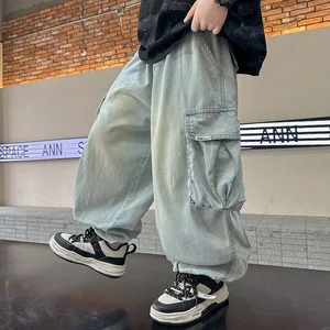 Boys' Summer Straight Pants Trendy Anti-Mosquito Jeans Casual Cotton Loose Fit in Medium and Large Sizes Clothes for Kids