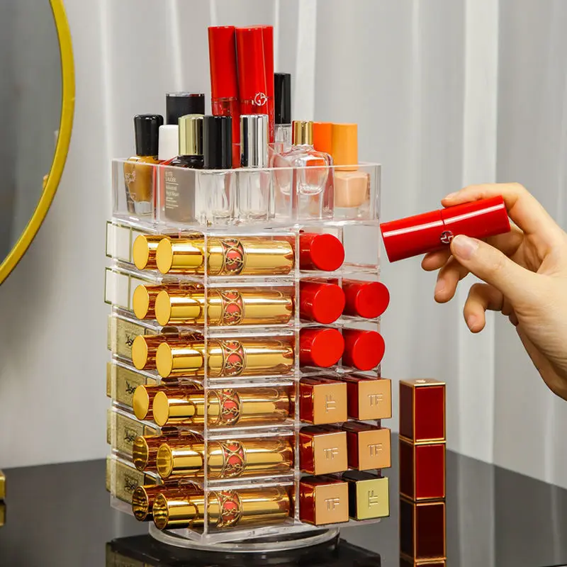 360 Degree Rotating Makeup Organizer 53 Spaces Acrylic Lipstick Holder Spinning Lipgloss Storage Tower Display Holder