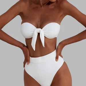Hot Sexy Women's 2-Piece Bikini Swimwear Solid Bandeau Swimsuit Top with Ruffles OEM Service Available Bathing Bikinis Beachwear