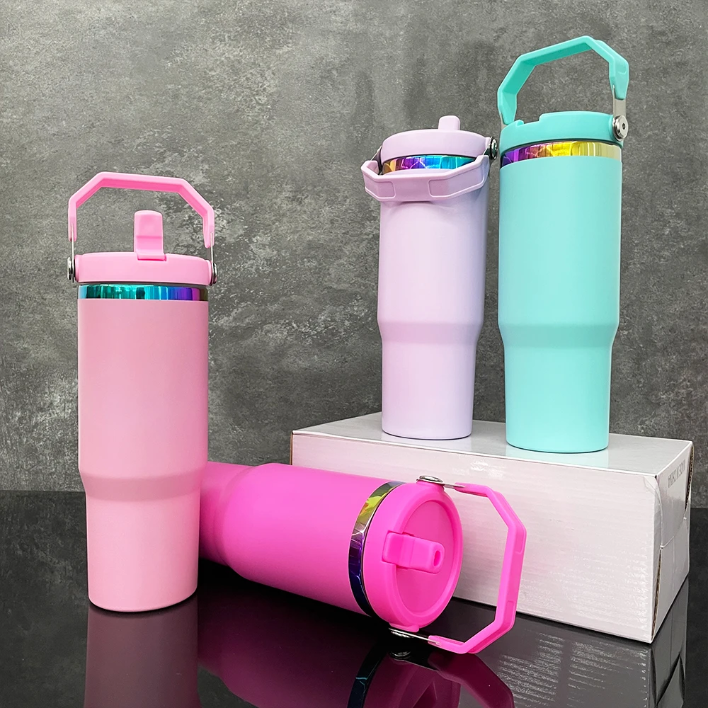 20Pack USA Warehouse Rainbow Plated 30oz Powder Coated Water Bottle with  Leak Proof Flip Straw Lid for Laser Engraving