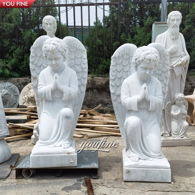 屋外庭園用手彫り天然石等身大ケルビム彫刻 白大理石ヌードチャイルド