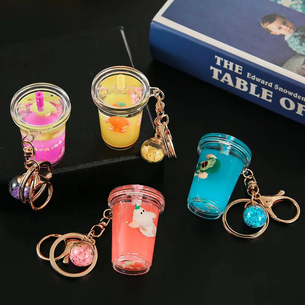 Cartoon Milk Tea Keychain Cute Floating Liquid Photo Frame Mug Drink Bottle Keyring Key Charm Gift for Girls Bag Pendant