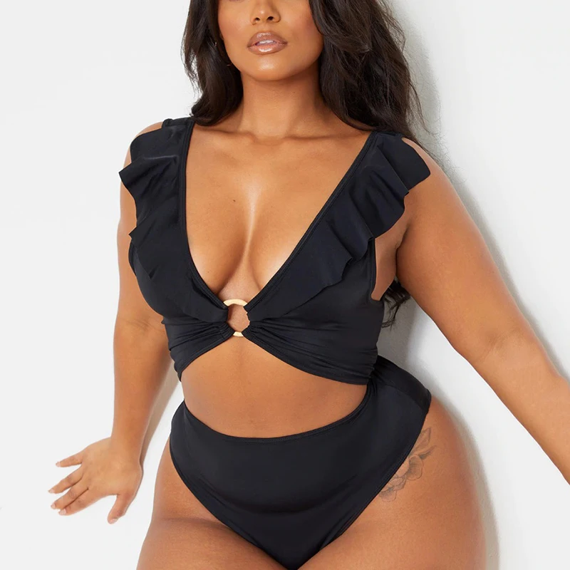 Private Label One Piece Monokini Cut Out Plus Size Bikini Swimsuit O-ring Ruffled Black One Piece Swimsuit