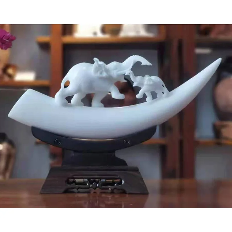 Stone Craft Hand Carving Onyx Elephant Sculpture White Jade Decorative Statues