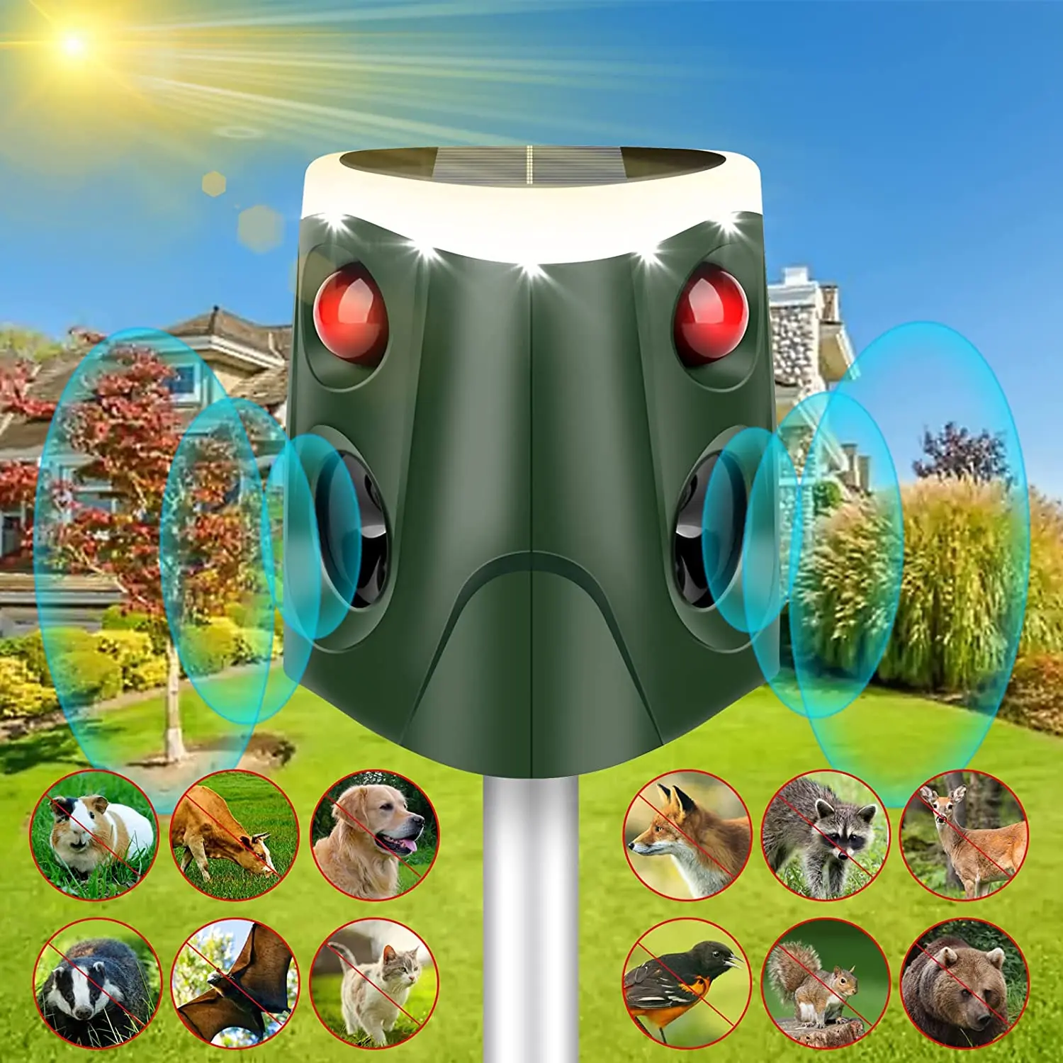 Top sale Wholesale Tri- Face Outdoor Solar Powered Animal Repellent Deer cat Monkey wild Pig bird pest control Cat Repeller 360 factory