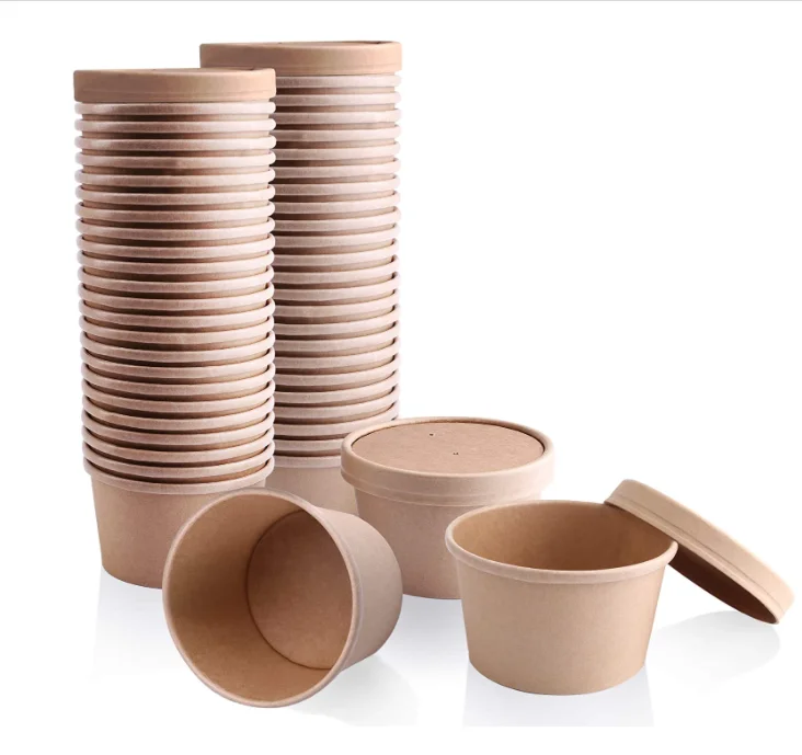 Kraft Paper Bowl With Lid - Brown Rolled Rim Storage Bucket,Hot Or Cold ...