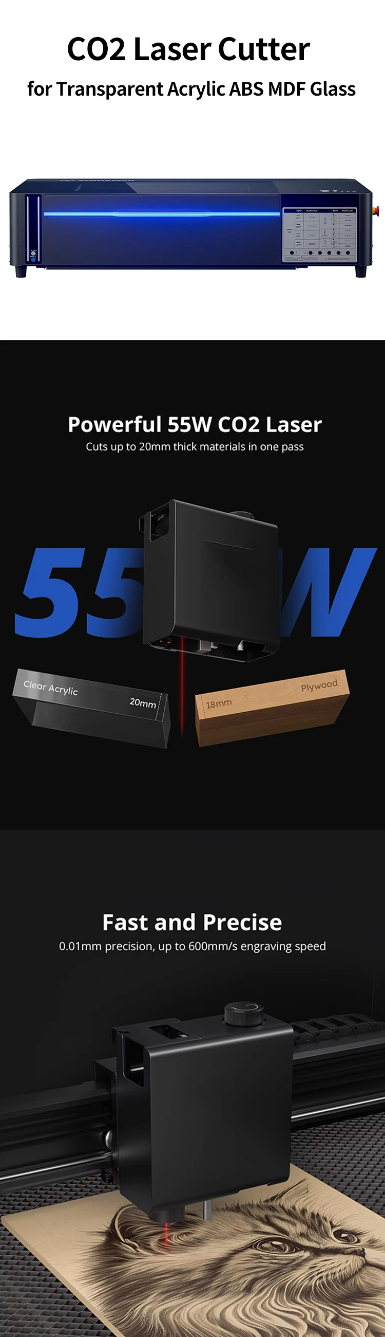 For ATOMSTACK Hurricane 55W CO2 Laser Cutter Smart Desktop Class 1 Industry Engraving Machine for Metal DXF Can Cut Transparent