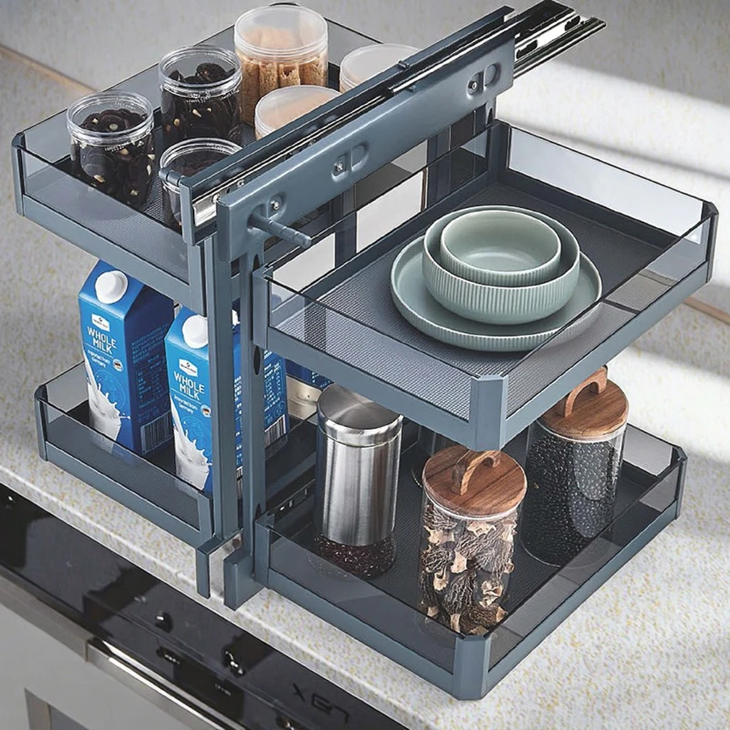 Under Cabinet Pull-Out Tray Pantry Organizer with Glass Gasket Kitchen Hardware Basket Magic Corner Kitchen