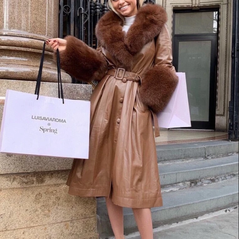 QIUCHEN QC21123 Winter Luxury Fox Fur Collar Cuffs Long Leather