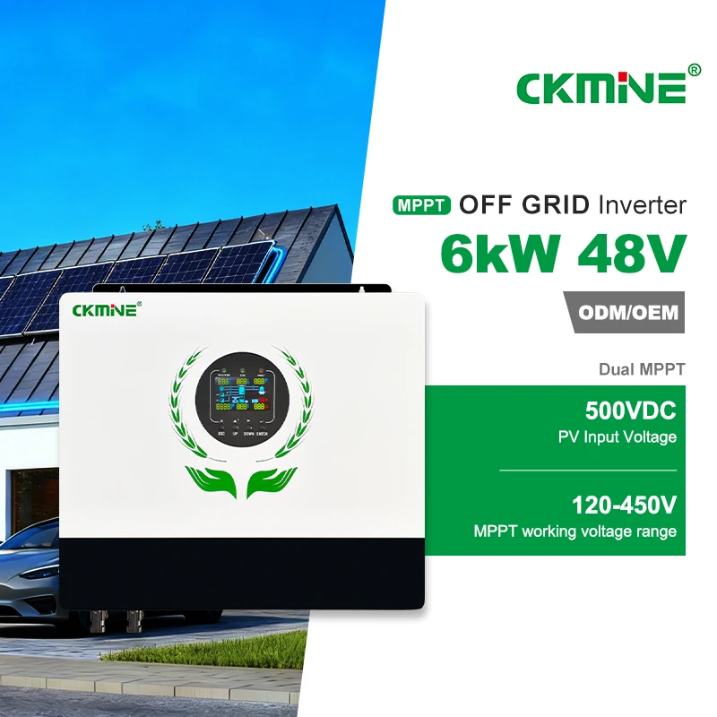 CKMINE 6 kW Solarwechselrichter, 6000 W, 48 V, mit zwei MPPT-Eingängen, Laderegler, 500 V DC, netzunabhängig, einphasig, reine Sinuswelle, parallel schaltbar für den Heimgebrauch