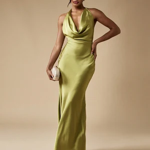 Women's Summer Vacation Maxi Dress Satin Bodycon with Open Back Sleeveless Halter Strap Tie Sweet Style and Natural Waistline