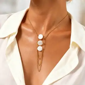Fashion Women Necklace Gold Plated Stainless Steel Y Chain Flat Cross Link and Natural Shell Charm Retro Design