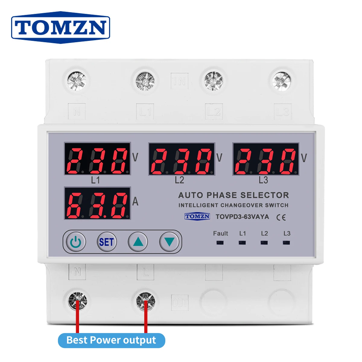 63A TOMZN 3 Phase 3P+N Din Rail Phase Selector Adjustable Over and Under Voltage Current protection Monitor Relays Protector
