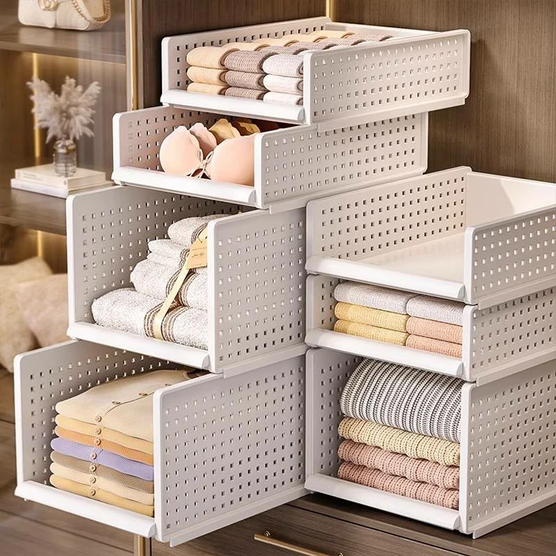 Stackable Plastic White Wardrobe Storage Basket Drawer Type Closet Storage Box for Clothing for Bathroom & Living Room