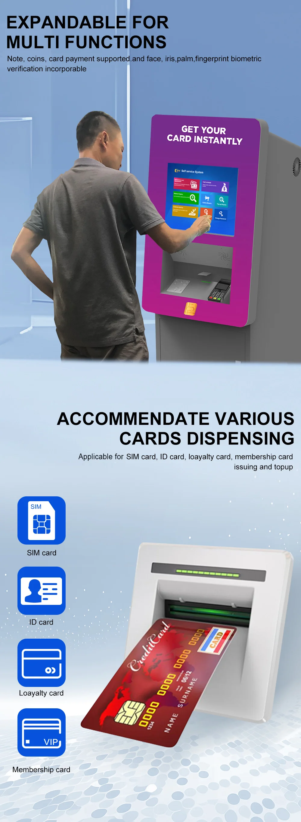 Self Service Printing Kiosk A4 Id Card Dispense Kiosk Mobile Card