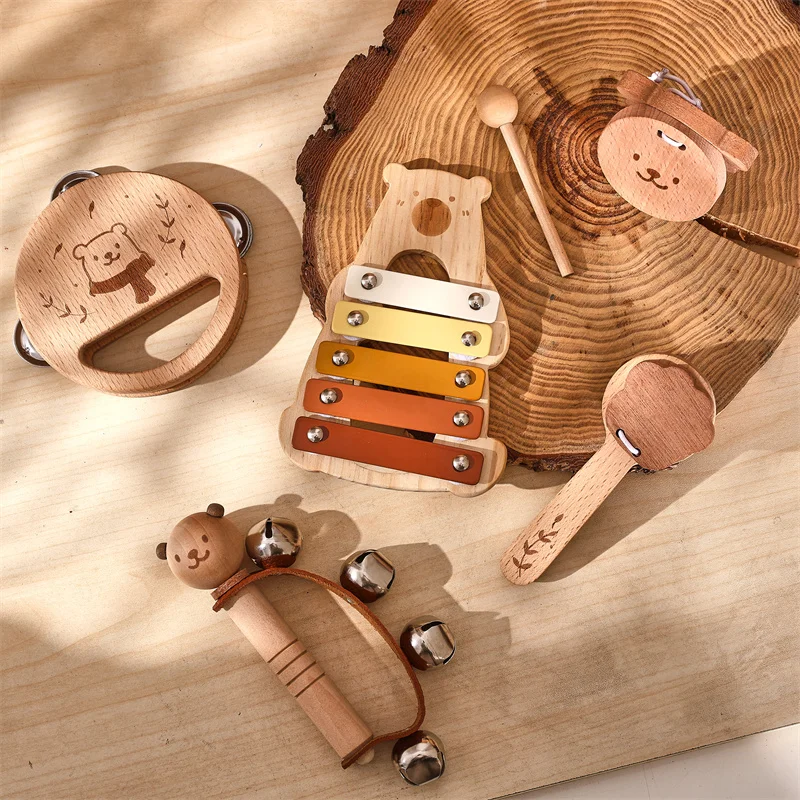 Set of 5 Bear Music Instruments Wood Percussion Piano Combination Educational Toy for Children