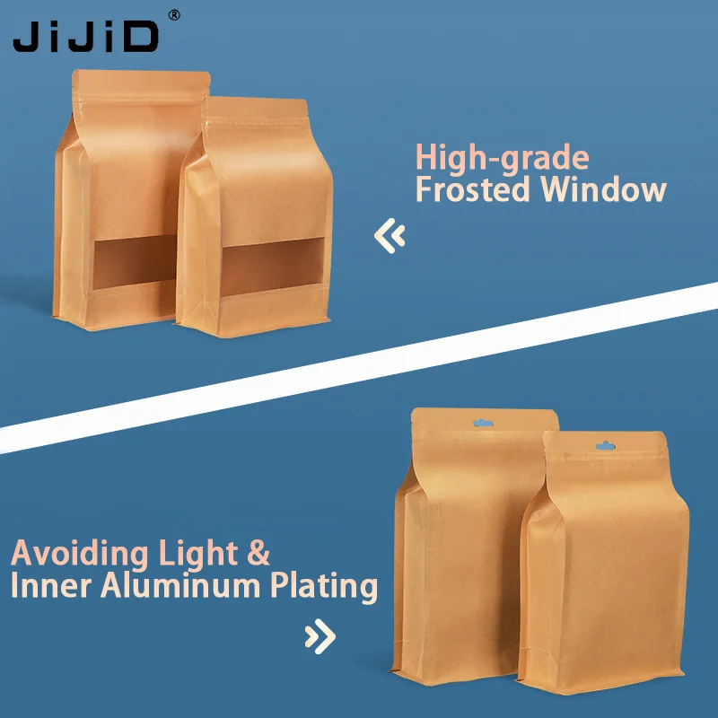 JIJID Custom Food Bag Stand up Bag Flat Bottom Ziplock Pouch Packaging Eight Side Sealing Frosted Bag With Window