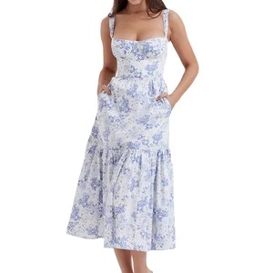 Custom High Quality Spring Summer Sleeveless Casual ELEGANT Midi Floral Print Pattern Square Neck Natural Waist Dress