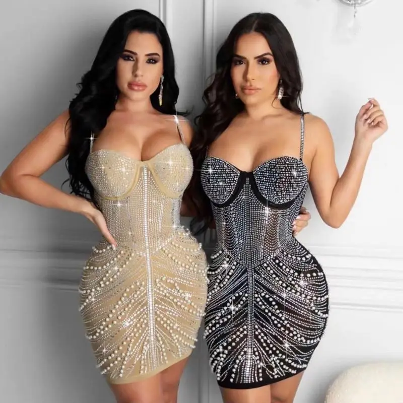 Dropshipping 2022 Night Club Party Wear Sequined Sleeveless Rhinestone  Shoulder Straps Dress Women Bling Sexy Short Dresses