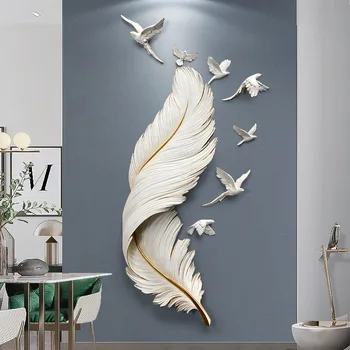 Light luxury feather wall decoration paint Nordic living room LED lamp metal wall art home decor