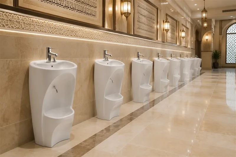 info-1-1 Long row of white ceramic wudu basins in a large mosque washroom