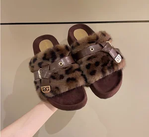 Wholesale Custom New Open Toe Fashion Fluffy Leopard Slippers Lady Girl Indoor Outdoor Fuzzy Ladies Slipper Faux Fur Slippers