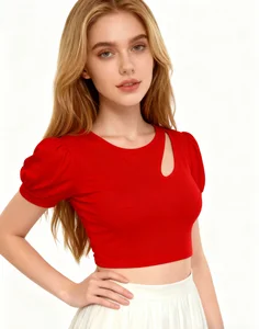 Women Soft Stretch High Quality Fashion Slim Fit Alluring Spicy Round Neck Lantern Sleeves Elegant Crop Tops