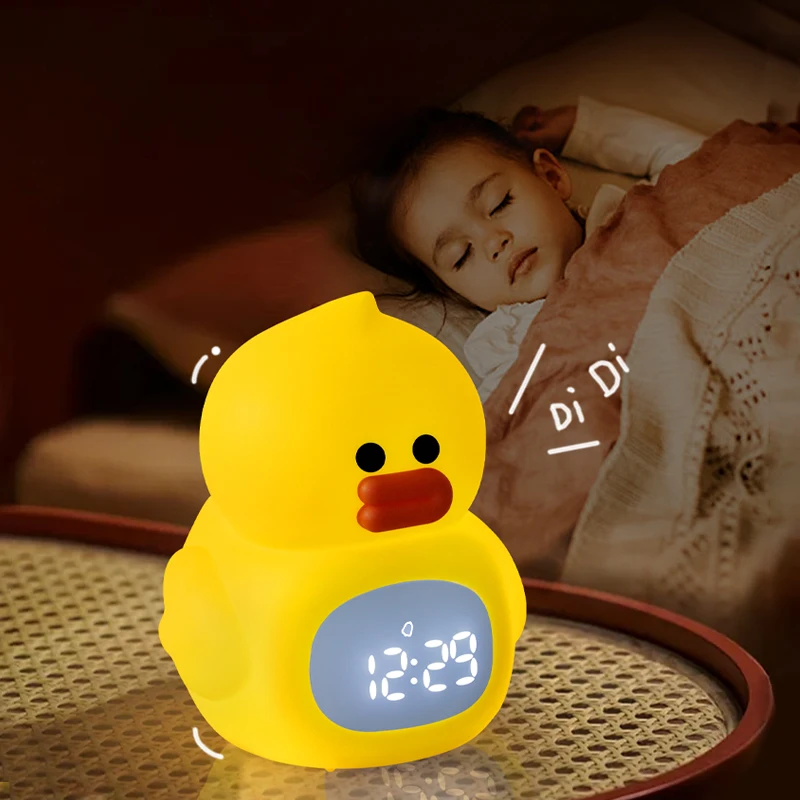 Cute Portable LED Duck Alarm Clock with Night Light Rechargeable and Remote Controlled for Baby Kid's Bed Room Decoration