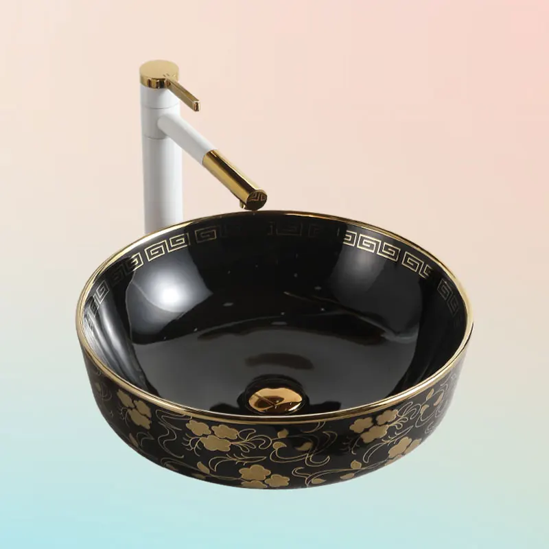 Round Ceramic Art Black Gold Color Fancy Washing Basin Luxury Hotel Bathroom Golden Tabletop Sink Bowl