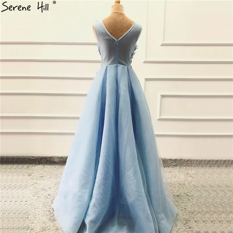 Blue a Line Long Evening Prom Dresses Open Slit Serene Hill LA60867 V Neck Sleeveless Party Gowns for Women