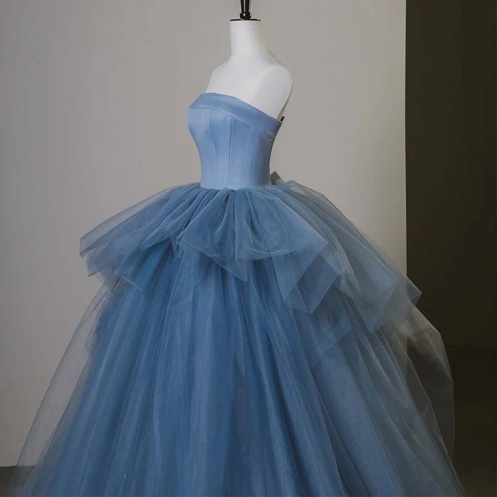 Navy Blue Princess Elegant Off-Shoulder Puffy Gowns Dresses Tulle Long Prom  Dress Sfy11