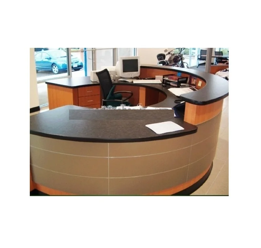 Office Grey Reception Counter Desk with Black Solid Surface Table Top