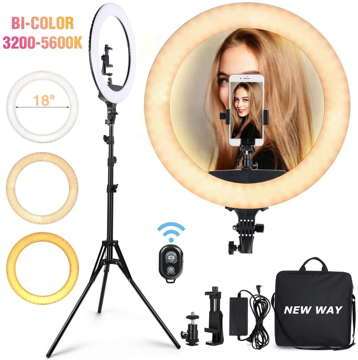 Dimmable Photographic Light 65W Studio Makeup LED Ring Light 18 Inch LED Ringlight Kit with Tripod Stand Phone Holder