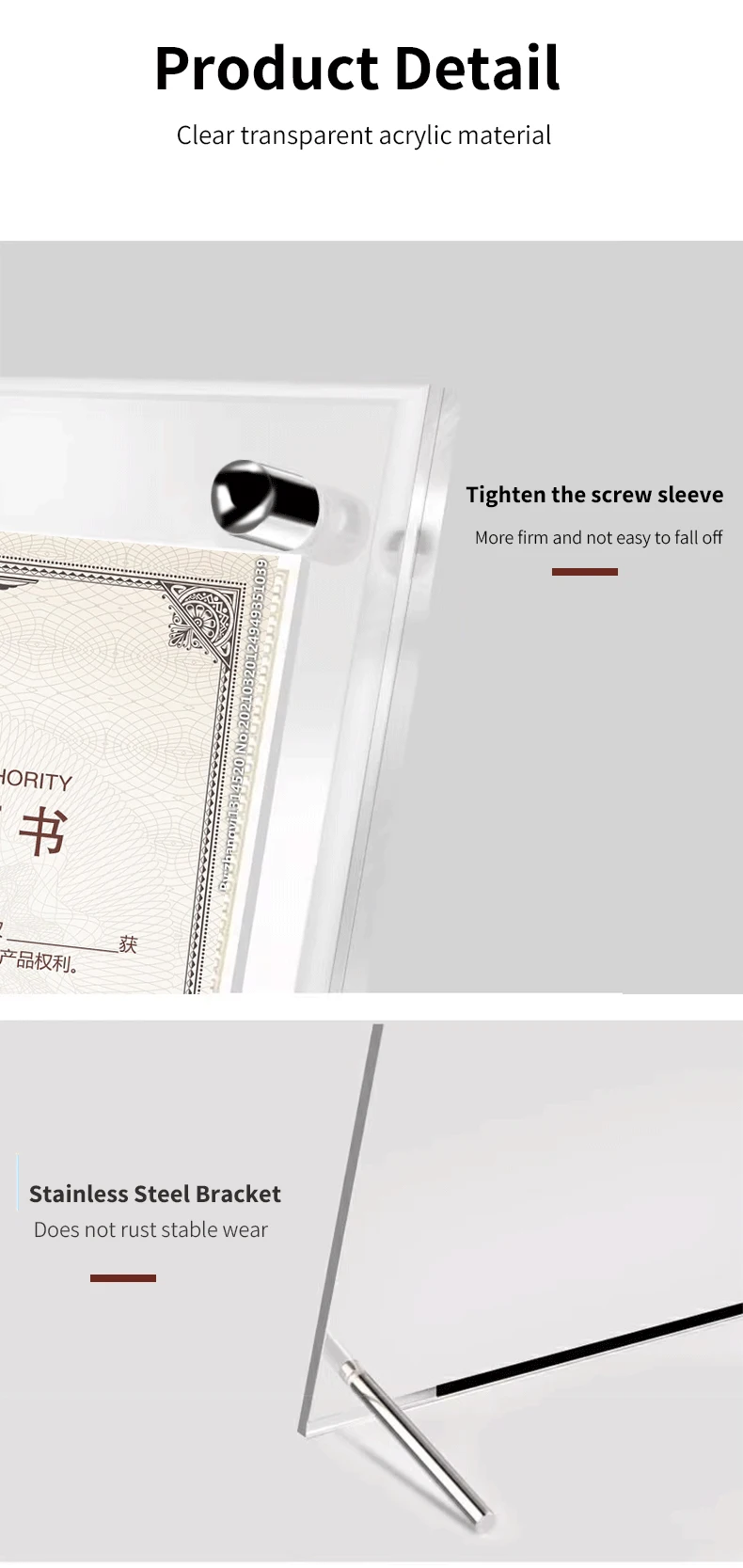 Customized A4 A5 A3 Tabletop Acrylic Certificates Document Display Stand Wall-mounted Clear Acrylic Picture Frame supplier