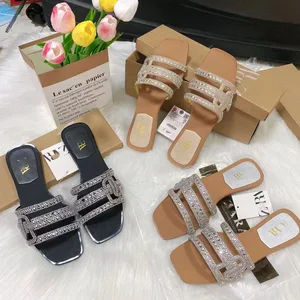 Cross-border European and American Style Fashion Rhinestone Decoration square Flat Large Size slippers