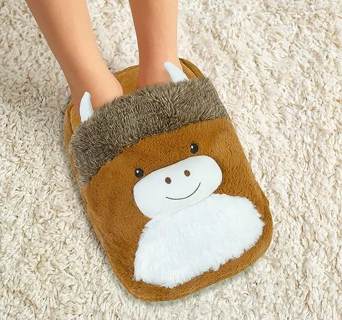 Foot Warmer,2l Hot Water Bottle Slippers,Heated Slippers Pad For Feet,Plush Cow Animal Feet