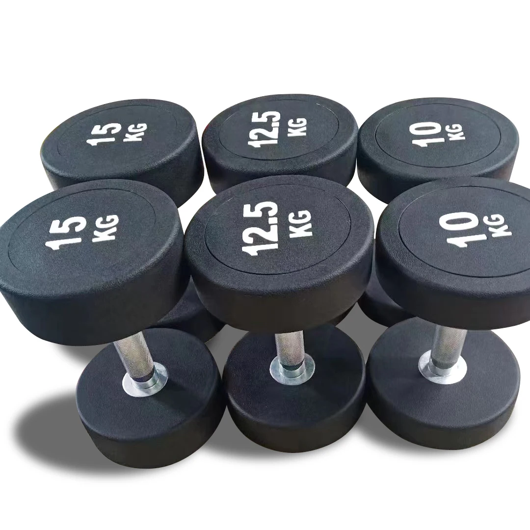 Wholesale Commercial Round Rubber Coated Cast Iron Dumbbells OEM Free  Weight Fixed Mancuernas Hanteln With Chromed Handle Bar