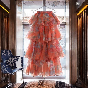 Women's Casual Long Midi Skirt Western Style with Sweet Embroidery and Ruffles Empire Waistline Printed