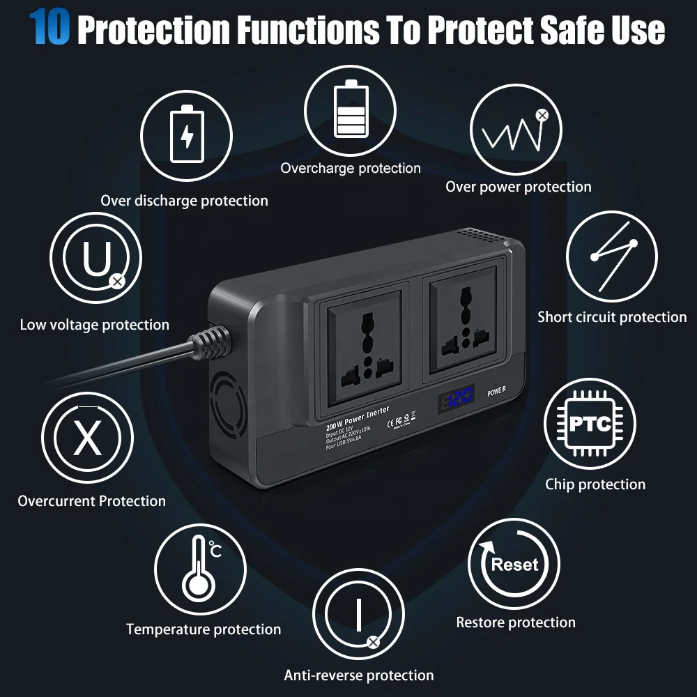 Universal Sockets 2 AC Outlet 2USB Port 1 Type-C QC3.0 Port Modified Sine Wave 200W DC 12V to AC 220V Germany Car Power Inverter
