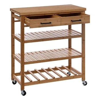 3 Tiers Storage Shelves Kitchen Rolling Trolley On Wheels Bamboo Island Cart With Wine Holder And 2 Drawers