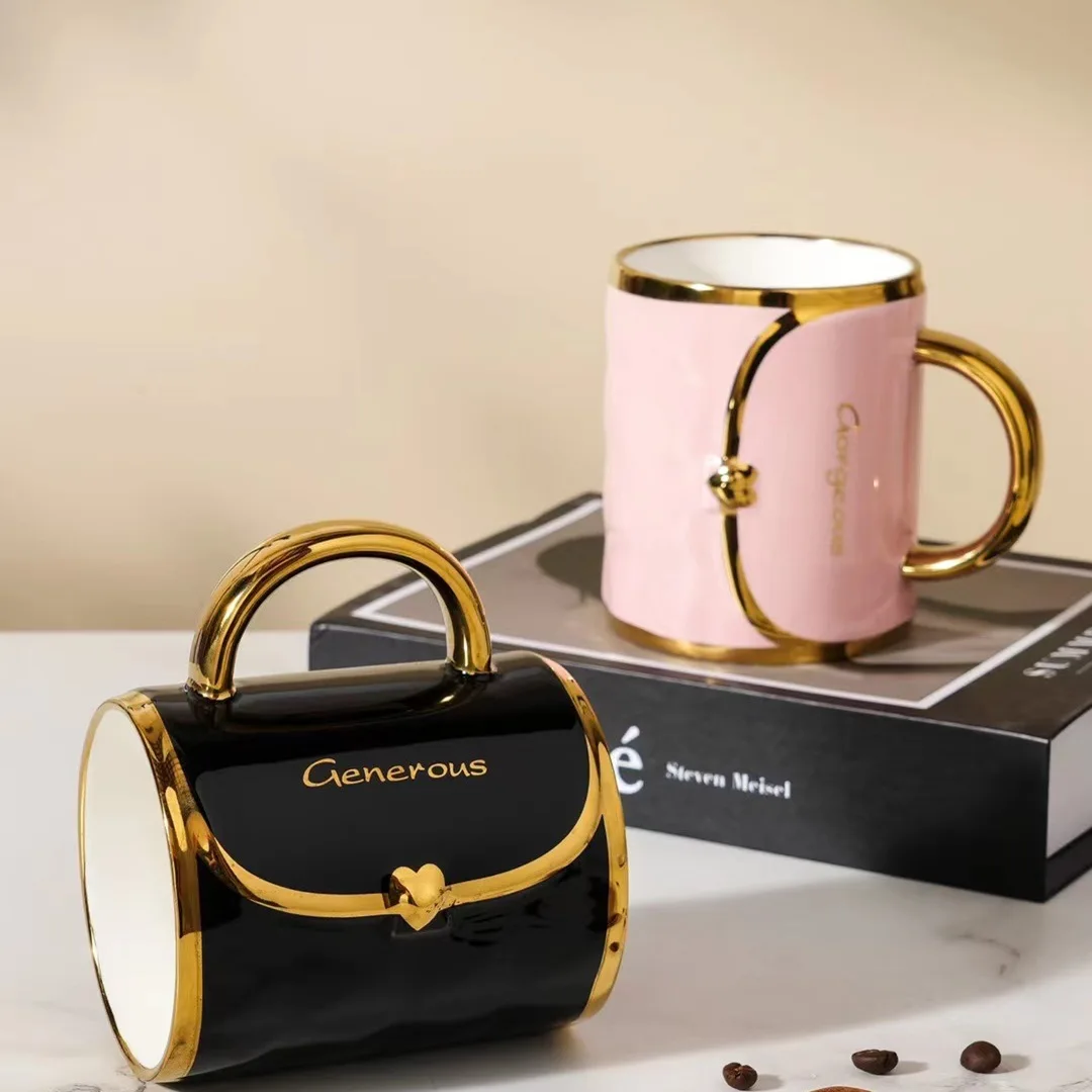 Nordic Style Gold Plated Handbag Ceramic Mug Personality T Coffee Cup With Lid Spoon Buy