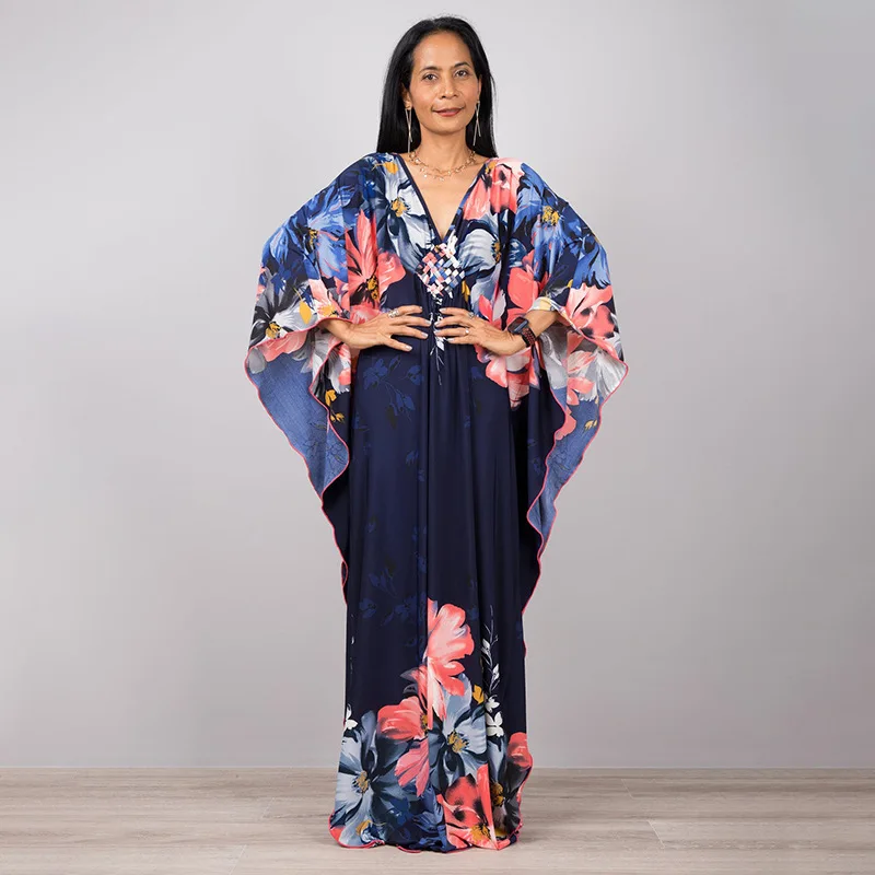 Luxury Women’s Beach Kaftan Cover Up – Colorful Print Maxi Dress with Bat Sleeves