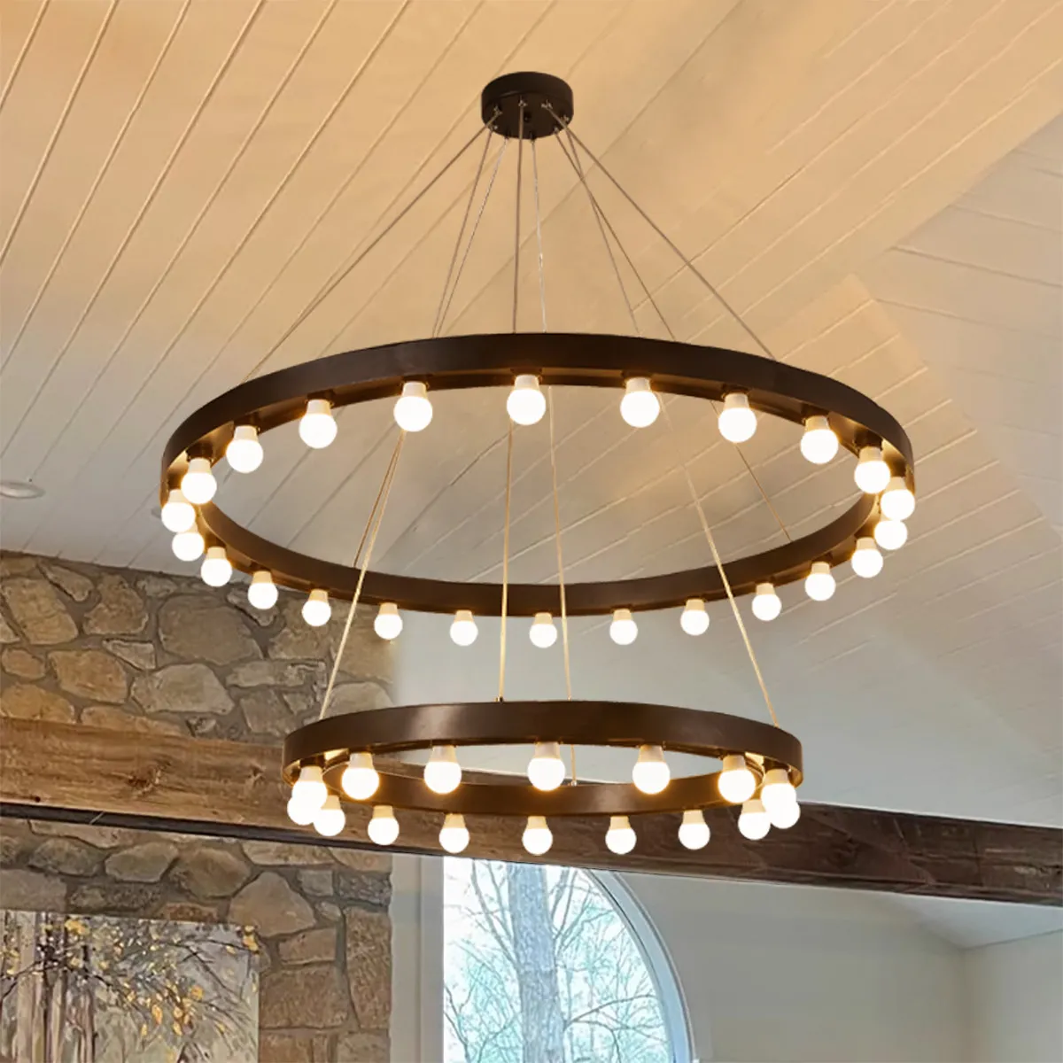 Modern Black Iron Ring Adjustable Ceiling Light with 3000K Warm White Light Dual-Purpose Chandelier for Living Room Dining Room