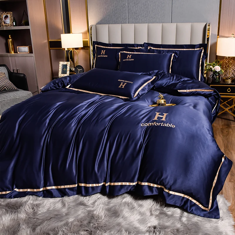 Solid Color Embroidery High Luxury 60s Washed Silk Four Piece Bedding ...