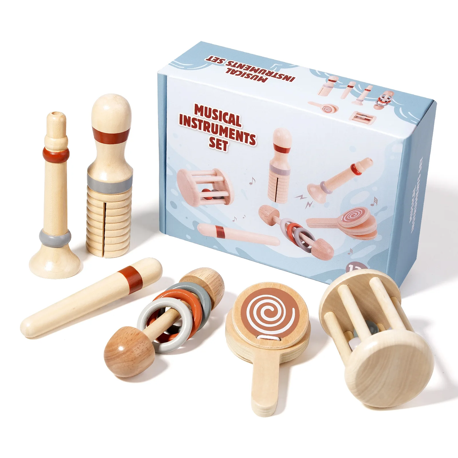 Intelligente Montessori-Unisex-Babyrasseln aus Holz, frühkindliche pädagogische Musikspielzeuge, Musikinstrumentensets, Spiele zur Hörtrainingsförderung