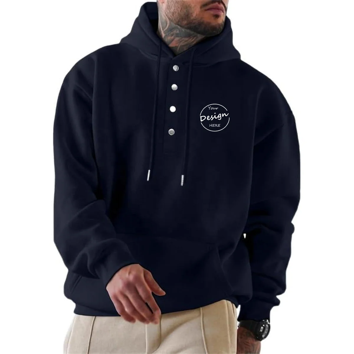 JL927A Stringless Hoodies Quality Thick Cotton Pullover Hoodie No String Kangaroo Pocket Men Snap Button Sweatshirt With Hood