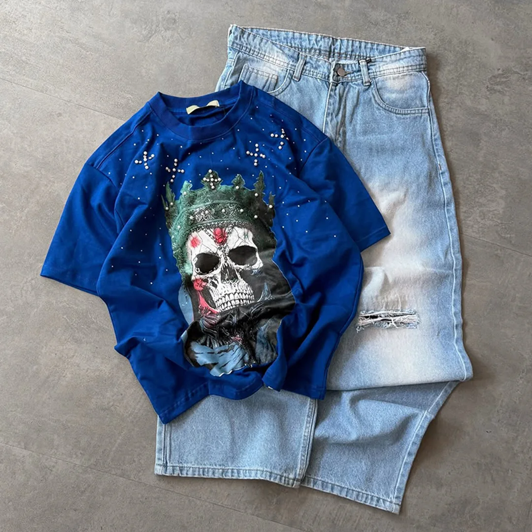Mans suurwas vintage straat-T-hemp, 100% katoen aangepas, oorgroot losse rondehals, DTG-digitale druk met rynsteenbesonderhede