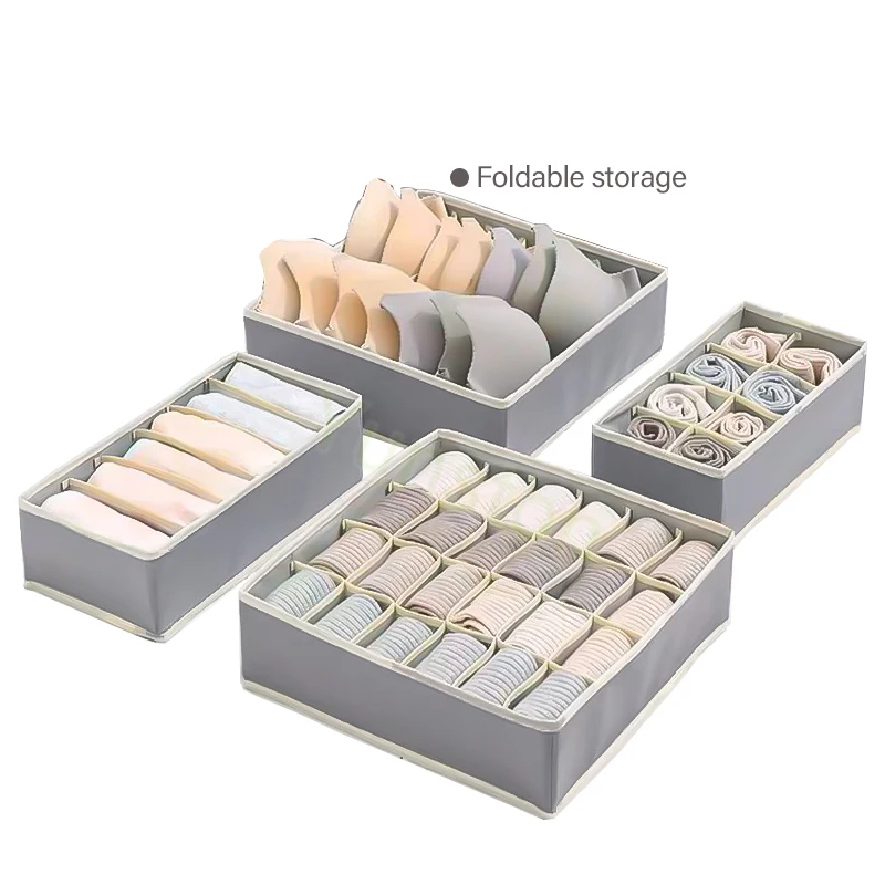 Wholesale Hot Sale Multi-size Foldable Spun Cloth Bra and Socks Home Storage Cloth Wardrobe Drawer 4 Pcs Set
