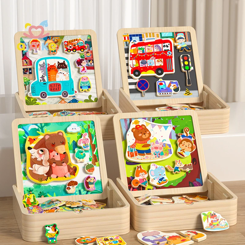 Wooden Vehicles & Animals 3D Puzzle Building Set with Double-Sided Cartoon Drawing Board-Educational Toy for Early Learning